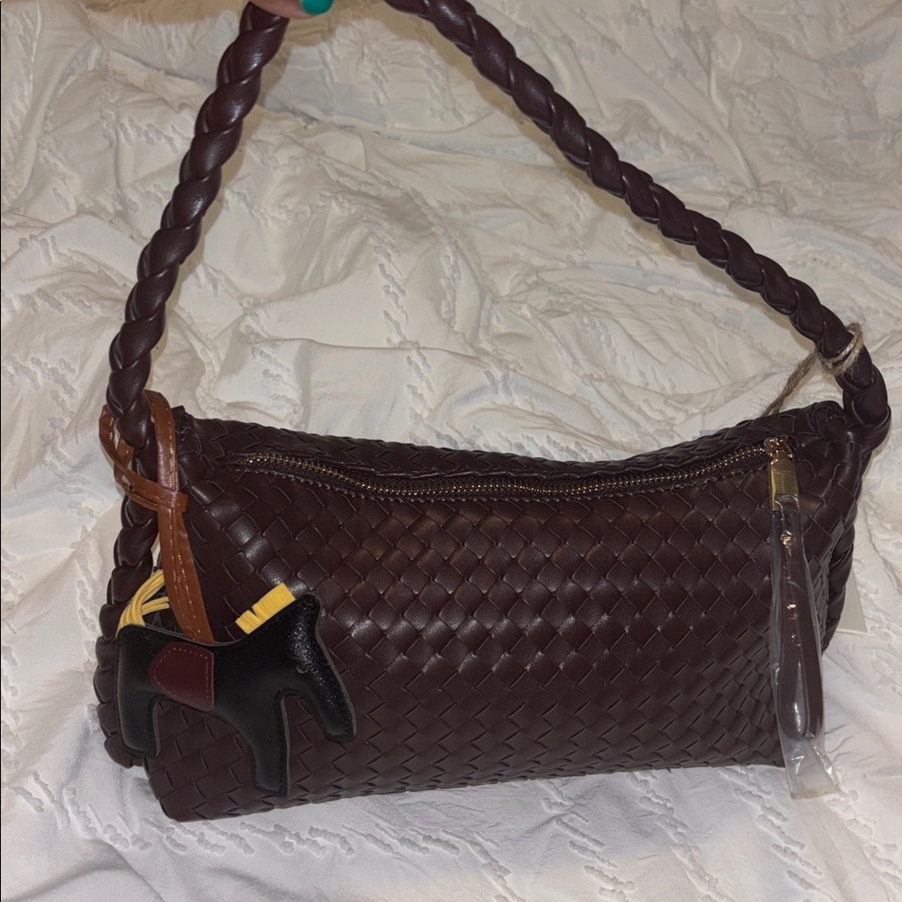 Elegant Brown Braided  hand woven style Women's  shoulder Bag with bag charm